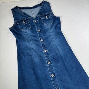 Vintage‎ Womens Denim Dress Size Medium Sleeveless Button Front Jean Casual